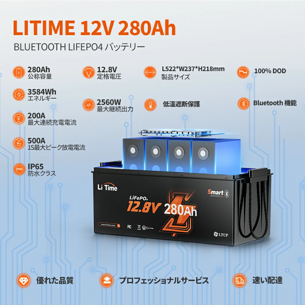 12V 280Ah Bluetooth内蔵 リン酸鉄リチウムイオンバッテリー – LiTime-JP