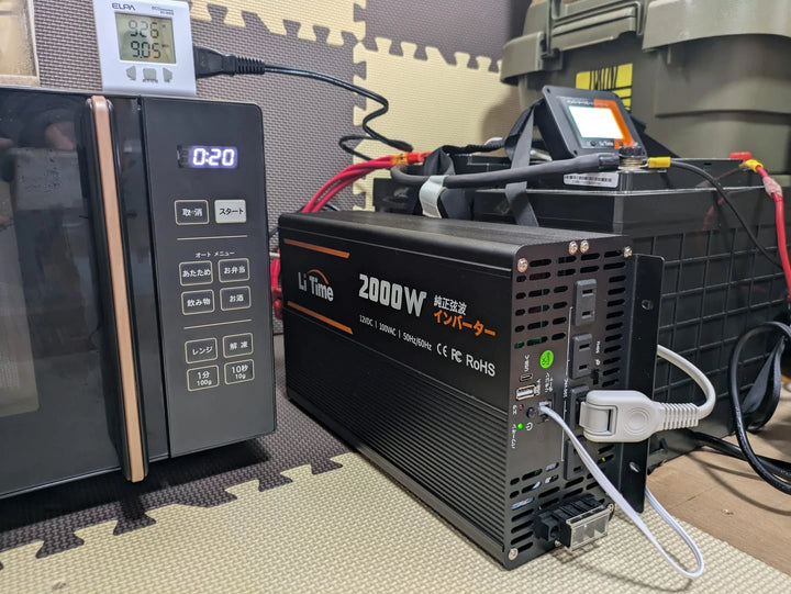 バッテリーとインバーターで電子レンジを稼働させているユーザー利用例