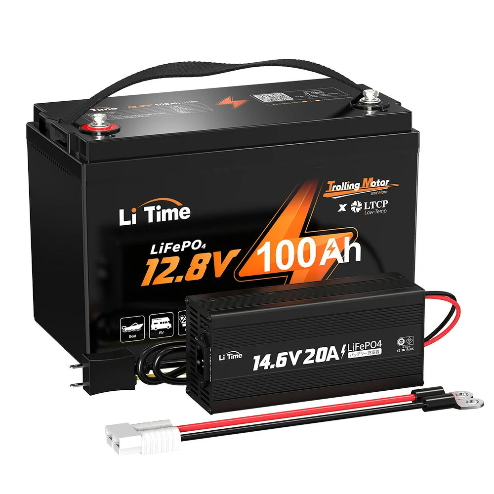大容量バッテリーおすすめ、12Vバッテリー100Ah＋LiFePO4対応充電器20A、エレキモーター用