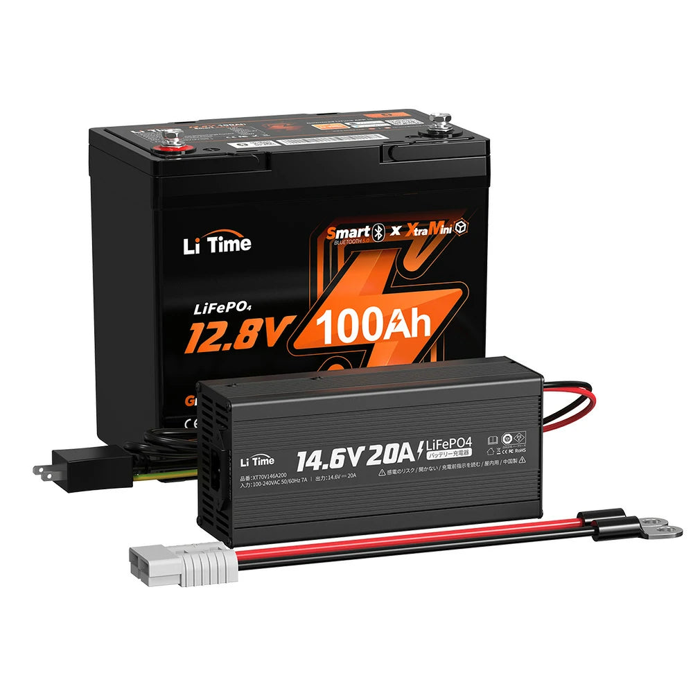 LiTime 12V 100Ah Xtra-Mini Bluetooth付きリン酸鉄リチウムイオ＋12V20A充電器