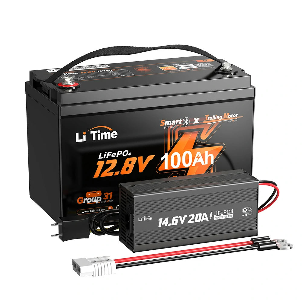 12Vエレキモーター用バッテリー100Ah、スマート管理可、20Aバッテリー充電器との写真
