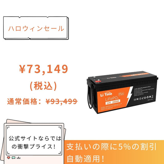 【73,149円限定、割引自動適用】LiTime 12V 200Ah Plus LiFePO4 リン酸鉄リチウムイオンバッテリー 1200