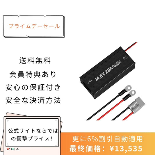 【13,535円限定、割引自動適用】LiTime 14.6V 20A リン酸鉄リチウムイオンバッテリー充電器 1200