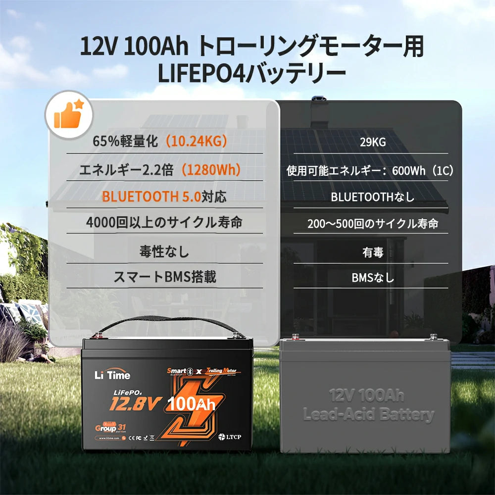 LiTime 12V 100Ah Bluetoothエレキモーター用リン酸鉄リチウムイオン