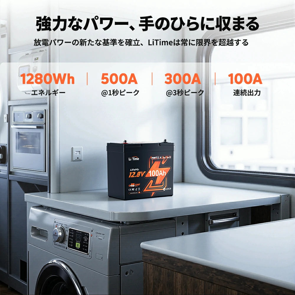1秒間で最大500Aのピーク放電可能な12Vバッテリー