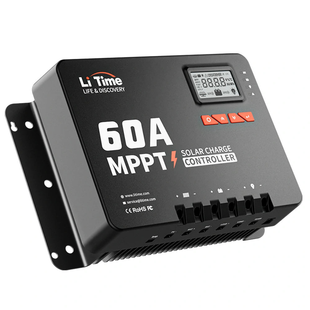 LiTime 60A MPPTチャージコントローラー本体、LCDディスプレイと操作ボタンを備えたソーラーチャージャーコントローラー