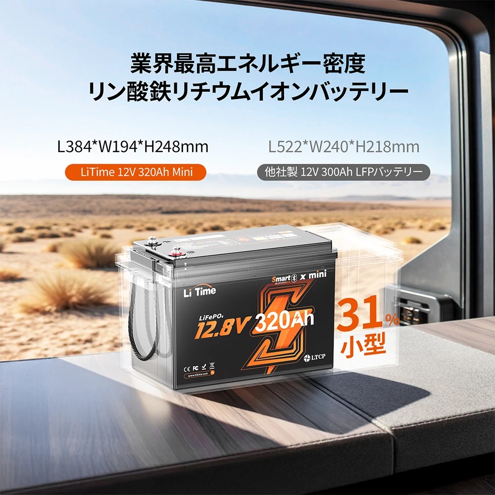 LiTime 12V320Ah Mini Bluetooth付きリン酸鉄リチウムイオンバッテリー