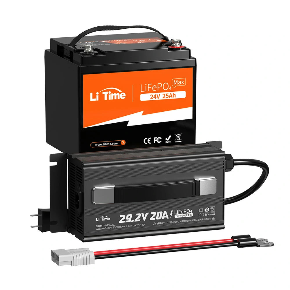 LiTime 24V 25Ah alături de încărcătorul LiTime 24V 20A (vândut separat)