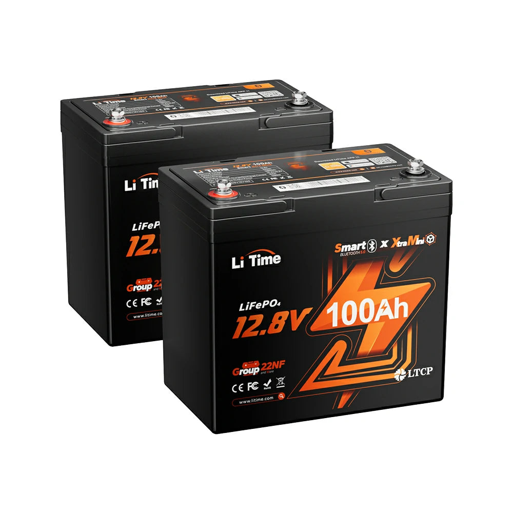 LiTime 12V 100Ah Xtra-Mini Bluetooth付きリン酸鉄リチウムイオンバッテリー、2台