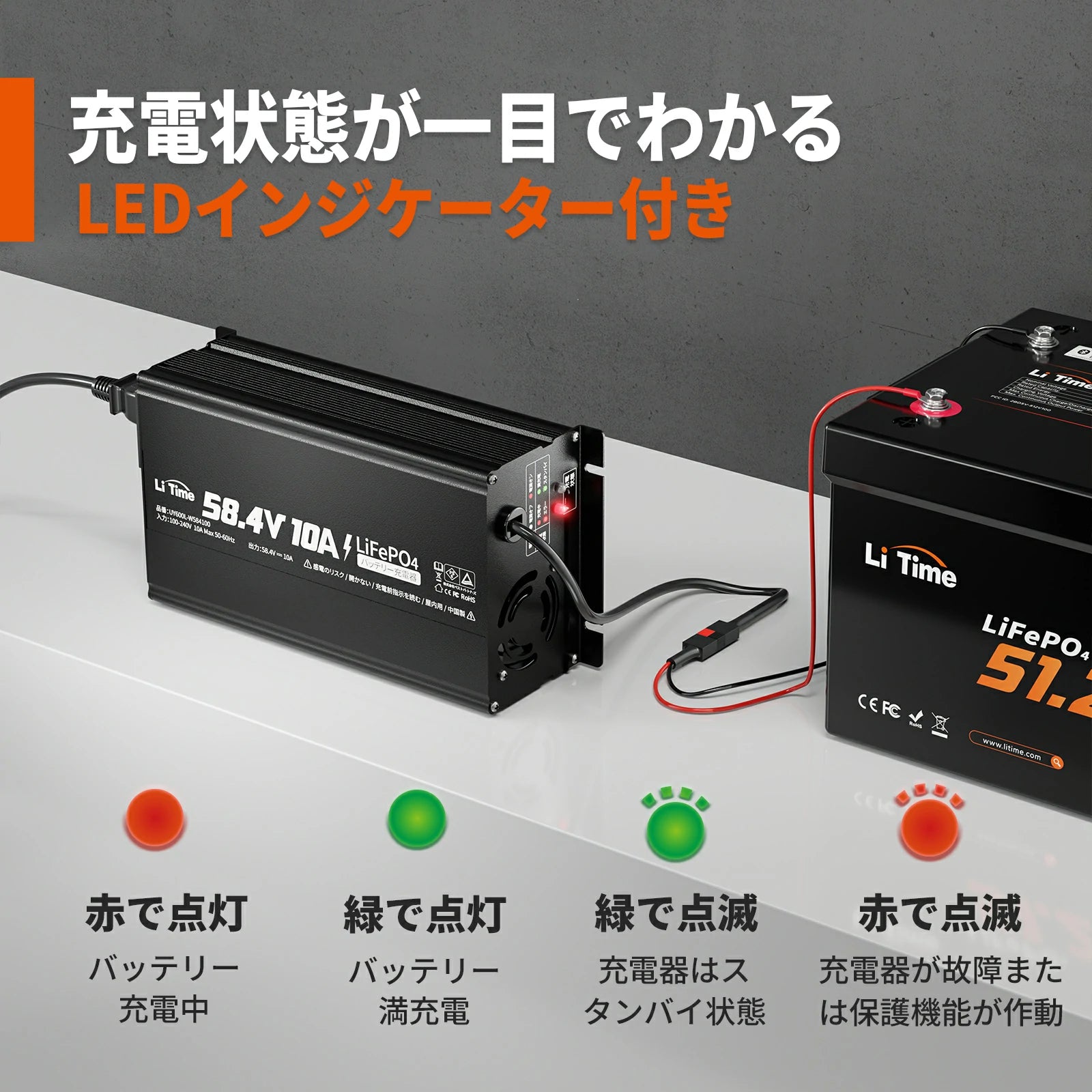 LEDインジケーターで状態確認が簡単な48Vバッテリー充電器