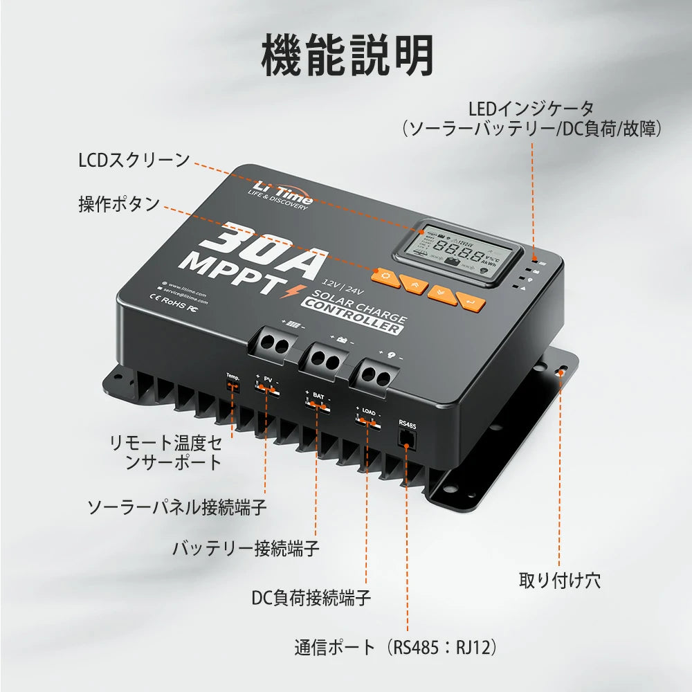 LiTime 12V/24V対応 30A MPPTソーラーチャージコントローラー本体、機能説明