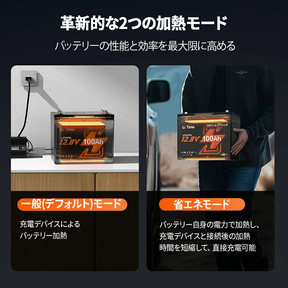 2つの加熱モードに対応可能な12Vバッテリー、ヒーター付きでバッテリー加熱可能