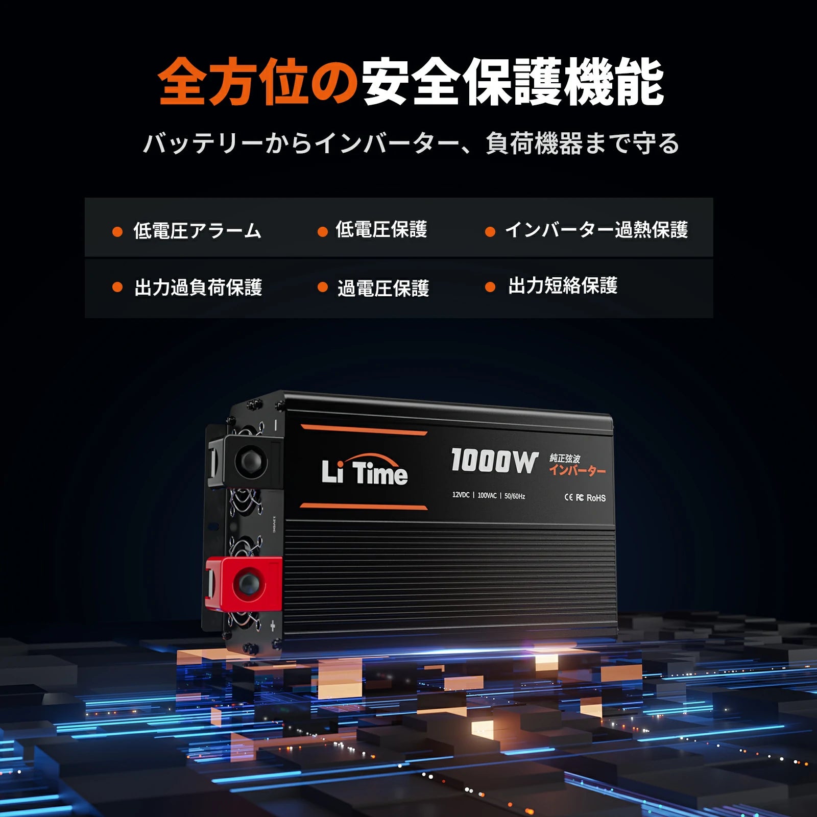 多重保護・LiTime 12V 1000W 純正弦波インバーター