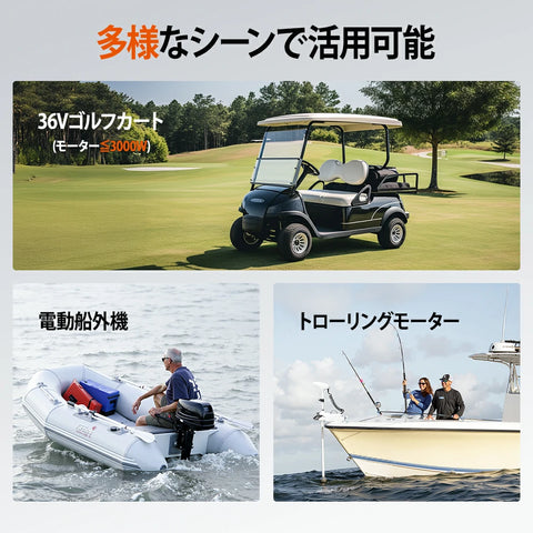 36Vゴルフカート・電動船外機・トローリングモーターなどの多様シーンで活用可能なリチウムイオンバッテリー