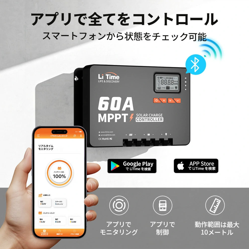 LiTime 12/24V/36V/48V用 60A MPPTソーラーチャージコントローラー