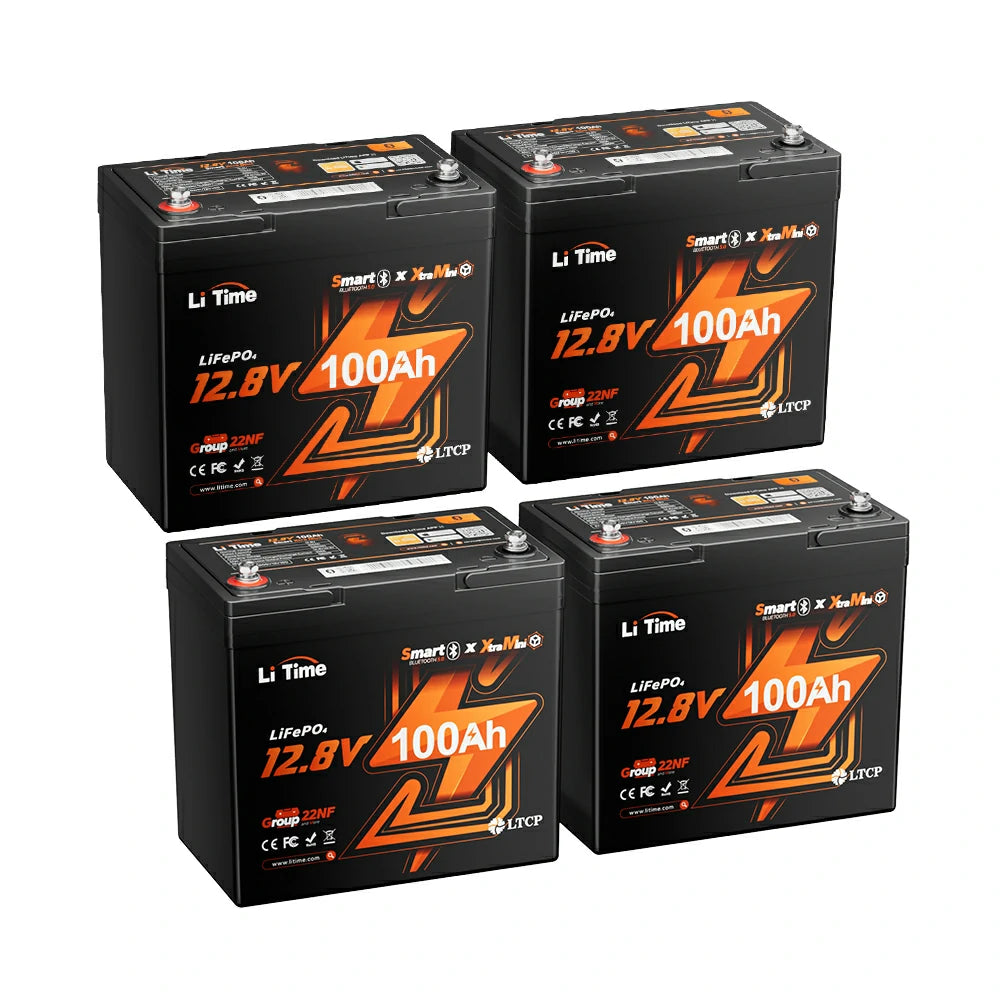LiTime 12V 100Ah Xtra-Mini Bluetooth付きリン酸鉄リチウムイオンバッテリー、4台
