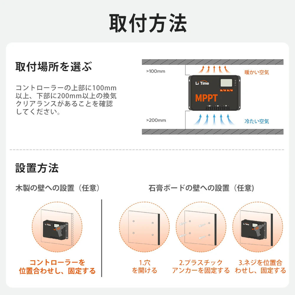 製壁や石膏ボードにも対応する取付けやすいチャージコントローラー