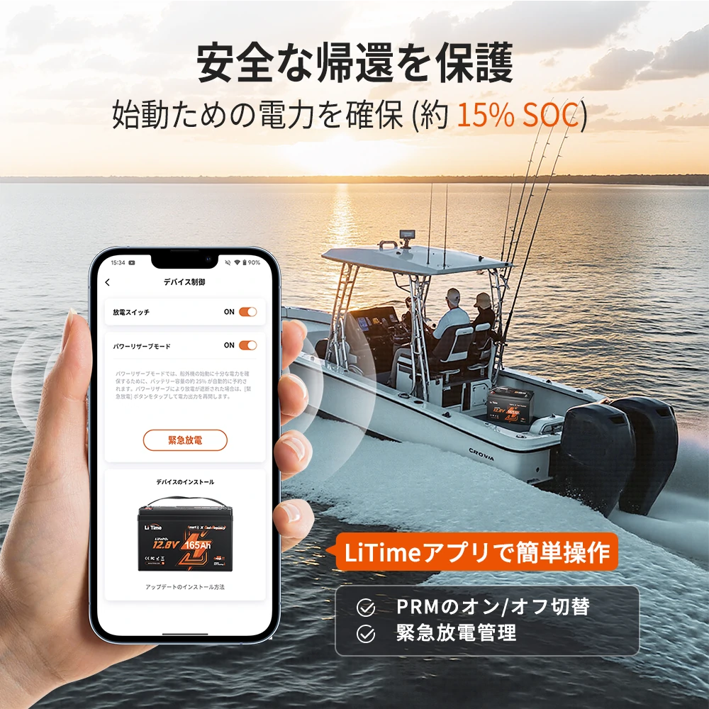 15％の残量を自動確保する安全設計のlitime バッテリー