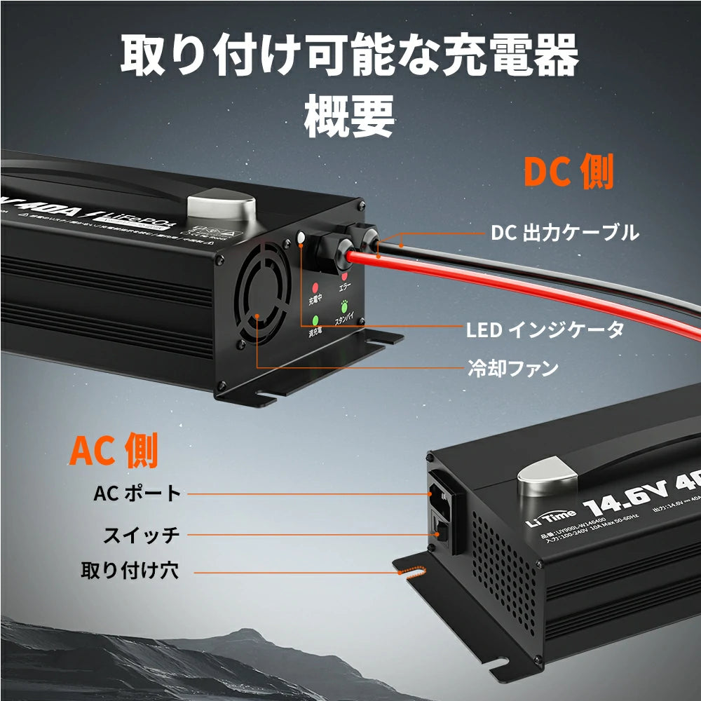 LiTime 14.6V 40A バッテリー充電器 | 12V LiFePO4リチウムイオン電池