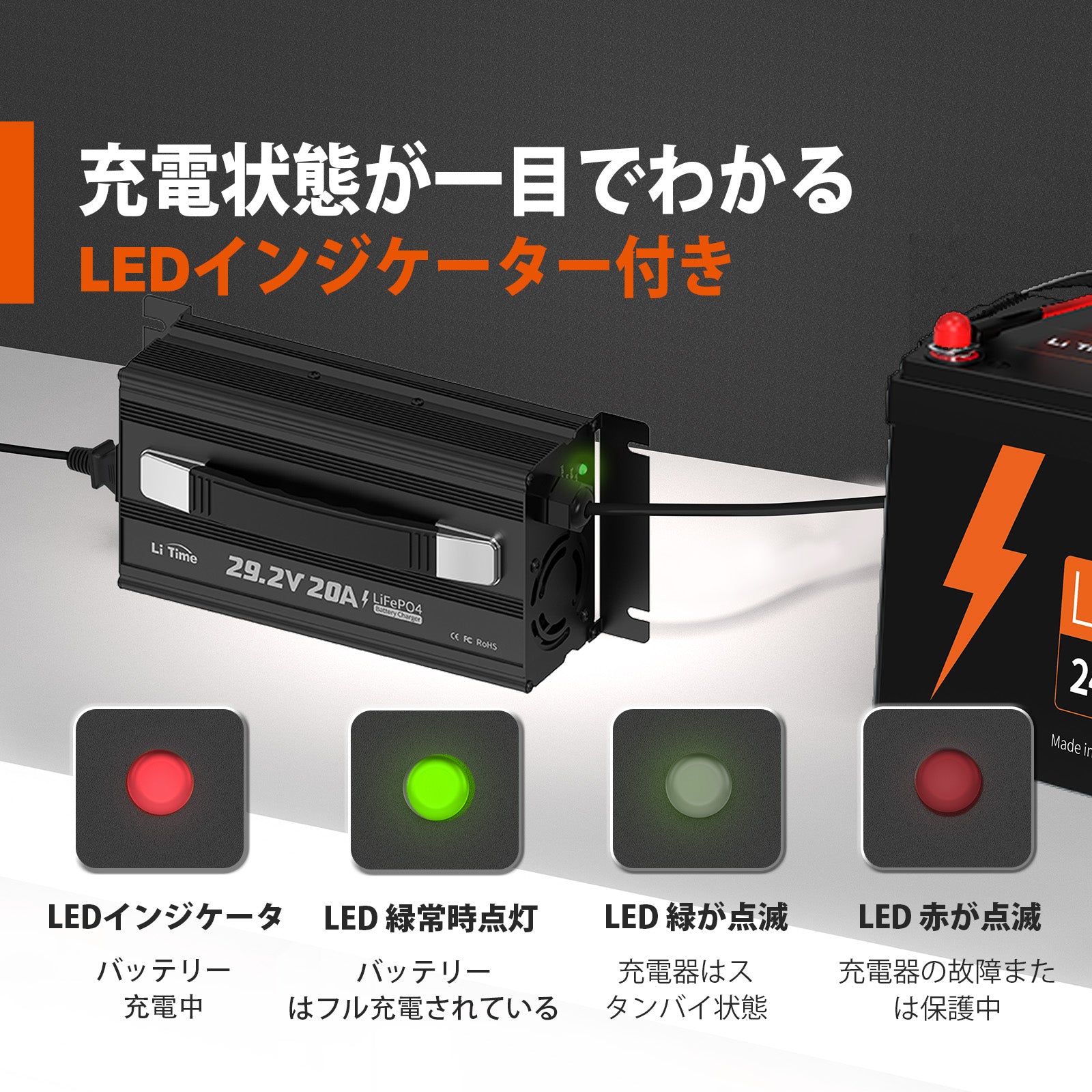 LiTime 29.2V 20A リン酸鉄リチウムバッテリー専用・速い充電器 24Vバッテリー適用 - LiTime-JP